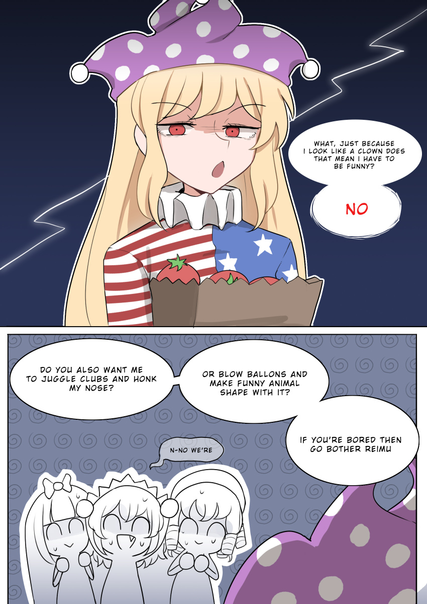 4girls :&gt; ^_^ absurdres american_flag american_flag_legwear american_flag_print american_flag_shirt arms_up bag black_bow black_hair black_ribbon blonde_hair blue_ribbon blunt_bangs bow chibi circle_hands closed_eyes clownpiece comic commentary constricted_pupils crack crossed_bangs drill_hair english_commentary english_text fang gradient_background groceries grocery_bag hair_ribbon hat highres jester_cap long_hair luna_child mata_(matasoup) medium_hair multiple_girls neck_ruff no_wings orange_hair polka_dot_headwear print_shirt red_eyes ribbon shaded_face shopping_bag sidelocks spiral_background star_sapphire sunny_milk sweat swept_bangs tomato touhou triangle_mouth wavy_hair white_headwear
