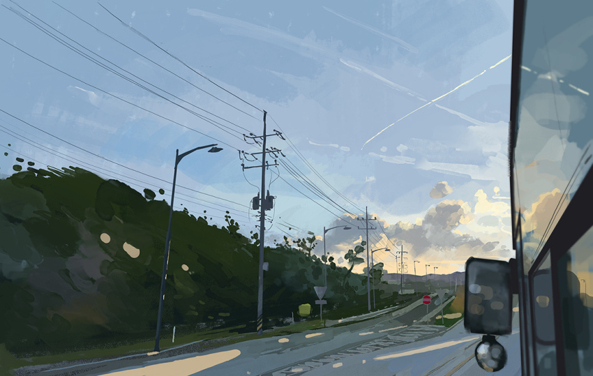 blue_sky cloud forest highway lamppost nature no_humans original power_lines reflection road scenery shadow side-view_mirror sky slow_d sunlight utility_pole window