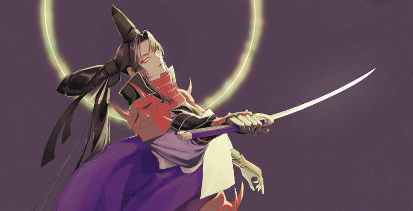 1girl armor artist_name artist_request fate_(series) gloves hair_bun hair_ornament hairband hairpin highres japanese_armor japanese_clothes katana long_hair looking_at_viewer purple_background source_request sword taira_no_kagekiyo_(fate) weapon