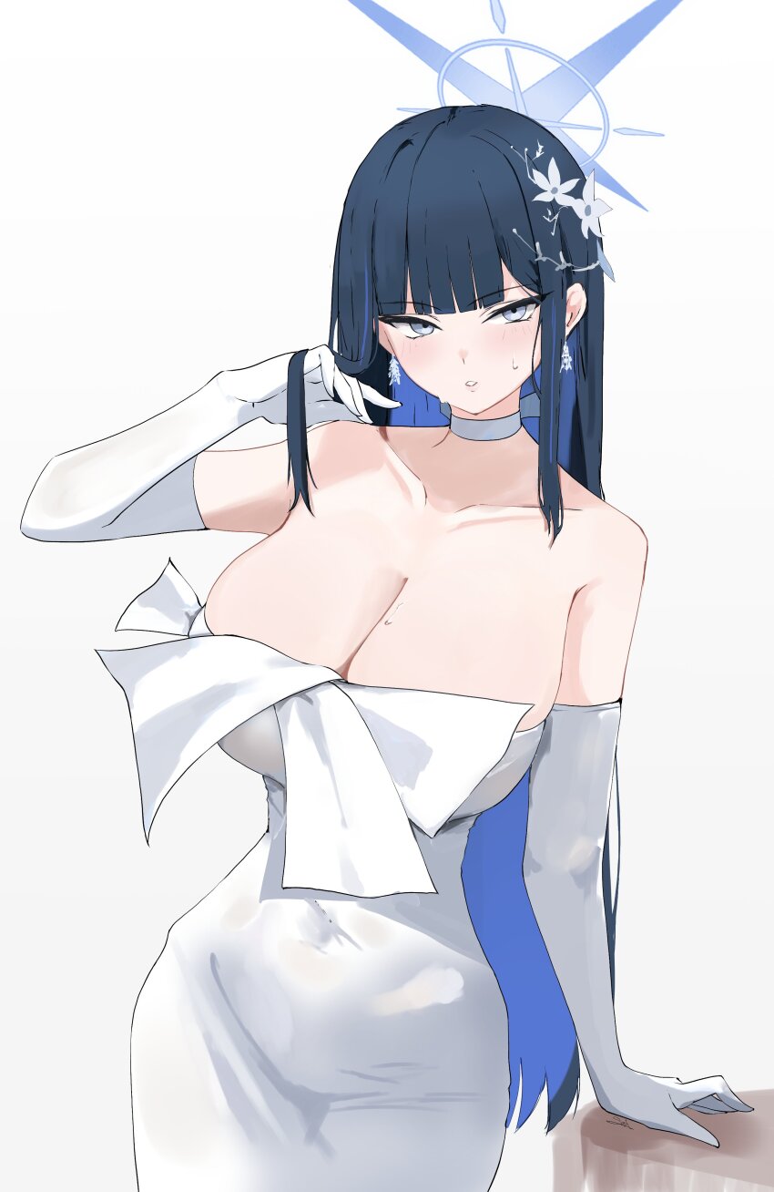 1girl absurdres bare_shoulders black_hair blue_archive blue_eyes blue_hair blush breasts choker cleavage collarbone colored_inner_hair covered_navel cowboy_shot dress earrings elbow_gloves gloves hair_ornament halo highres jewelry large_breasts long_hair looking_at_viewer multicolored_hair parted_lips revision s4ika saori_(blue_archive) saori_(dress)_(blue_archive) solo white_dress white_gloves