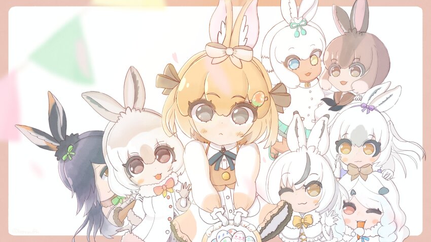 6+girls :&lt; :3 absurdres animal_ears arctic_hare_(kemono_friends) blue_eyes blue_skirt blush bow bowtie brown_bow brown_bowtie brown_collar brown_dress brown_eyes brown_fur brown_gloves brown_hair brown_vest capelet coat collar collared_dress domestic_rabbit_(kemono_friends) dress easter_egg egg egg_hair_ornament elbow_gloves european_hare_(kemono_friends) ezo_mountain_hare_(kemono_friends) food-themed_hair_ornament frilled_skirt frilled_sleeves frills fur_collar fur_trim gloves green_bow green_bowtie grey_gloves hair_between_eyes hair_bow hair_ornament heterochromia high_collar highres japanese_hare_(kemono_friends) japari_symbol kemono_friends kemono_friends_3 light_brown_hair long_coat long_hair looking_at_viewer mountain_hare_(kemono_friends) multicolored_hair multiple_girls one_eye_closed pleated_skirt puffy_sleeves purple_bow rabbit_ears rabbit_girl rabbit_tail red_bow red_bowtie sailor_collar sandals shirt short_hair sidelocks skirt snowshoe_hare_(kemono_friends) tail tsukuurufuru tsukuyomi_shinshi_(kemono_friends) two-tone_dress two-tone_hair vest white_bow white_capelet white_coat white_dress white_fur white_gloves white_hair white_shirt yellow_bow yellow_bowtie yellow_eyes