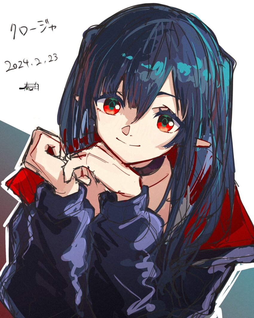 1girl arknights black_choker black_hair black_jacket blush choker closed_mouth closure_(arknights) collarbone commentary dated grey_background hair_between_eyes hands_up harukan_tiusu highres jacket long_hair long_sleeves looking_at_viewer pointy_ears puffy_long_sleeves puffy_sleeves red_eyes sketch smile solo two-tone_background two_side_up upper_body white_background
