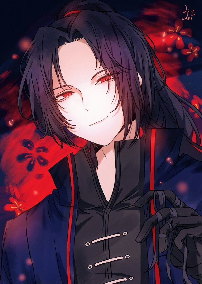 1boy black_gloves black_hair black_shirt blue_coat closed_mouth coat flower gloves hand_up high_ponytail highres jia_huan_(project_moon) laenjen78201 limbus_company long_hair looking_at_viewer male_focus mandarin_collar ponytail project_moon red_eyes red_flower shirt smile solo very_long_hair