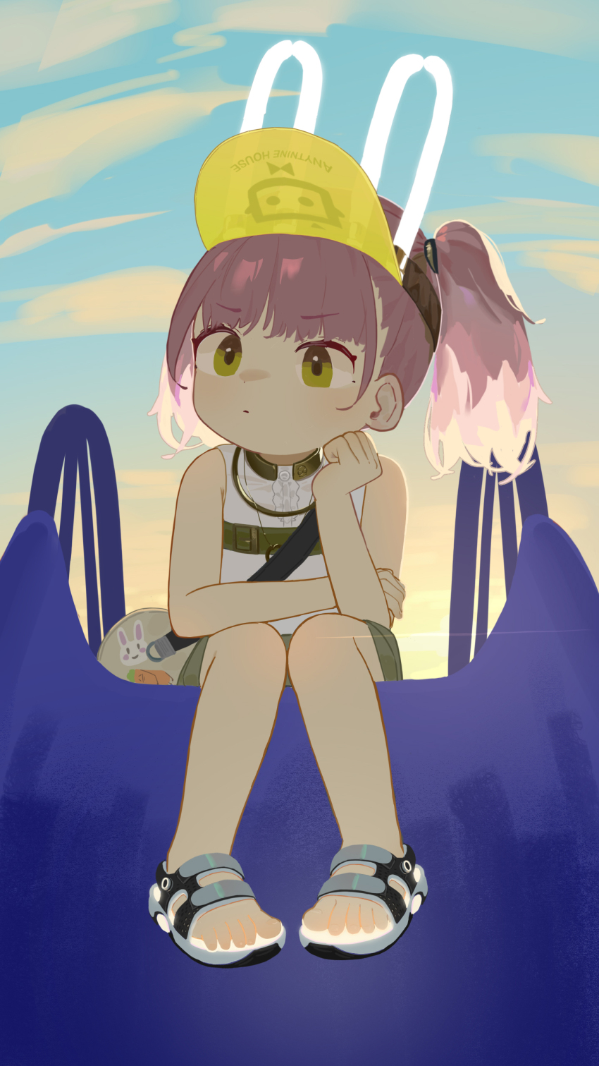 1girl absurdres animal_ears bare_arms bare_shoulders closed_mouth fake_animal_ears full_body girls&#039;_frontline girls&#039;_frontline_neural_cloud green_eyes hand_on_own_cheek hand_on_own_face highres pink_hair sandals shirt sitting sleeveless sleeveless_shirt solo taisch_(neural_cloud) twintails visor_cap white_shirt xiaotsihasiha