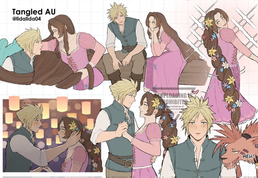 1boy 1girl aerith_gainsborough alternate_universe animal animal_earrings blonde_hair blue_flower blue_vest blush brown_hair brown_pants cloud_strife cosplay couple dress facial_mark final_fantasy final_fantasy_vii flower flynn_rider flynn_rider_(cosplay) hair_flower hair_ornament hand_in_another&#039;s_hair head_on_hand hetero highres holding_hands lantern lida_(lidalida04) long_dress long_hair looking_at_another orange_fur pants parted_bangs pink_dress pink_flower puffy_short_sleeves puffy_sleeves rapunzel_(disney) rapunzel_(disney)_(cosplay) red_hair red_xiii restrained scar scar_across_eye scar_on_face shirt short_hair short_sleeves sitting sparkle spiked_hair twitter_username very_long_hair vest white_shirt yellow_flower