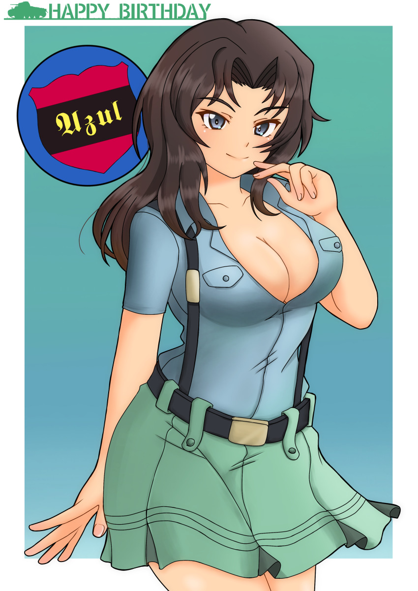 1girl absurdres amanone_yun aoshidan_(emblem) aoshidan_school_uniform aqua_background belt birthday black_belt blue_eyes blue_shirt breasts cleavage closed_mouth collared_shirt cowboy_shot dark-skinned_female dark_skin el_(girls_und_panzer) girls_und_panzer green_skirt hair_intakes happy_birthday highres large_breasts long_hair looking_at_viewer partially_unbuttoned pleated_skirt school_uniform shirt short_sleeves skirt smile solo standing suspenders