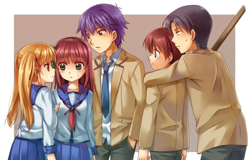 10s 2girls 3boys angel_beats! fujimaki_(angel_beats!) long_hair multiple_boys multiple_girls noda_(angel_beats!) ooyama_(angel_beats!) school_uniform sensaki_chihiro shirasaya short_hair sword twintails weapon nakamura_yuri yusa_(angel_beats!) yusacan