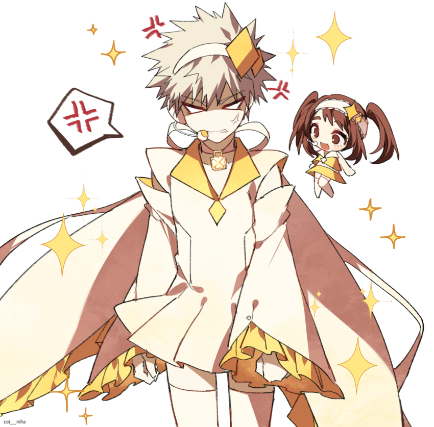 1boy 1girl :d alternate_costume amulet_dia amulet_dia_(cosplay) anger_vein bakugou_katsuki blonde_hair blush boku_no_hero_academia brown_hair clenched_teeth coi_mha commentary cosplay detached_sleeves dress frills hairband highres long_hair long_sleeves looking_at_viewer male_focus no_pupils no_shoes open_mouth shirt short_hair shugo_chara! skirt smile sparkle sparkle_background spiked_hair spoken_anger_vein teeth thighhighs twintails uraraka_ochako v-shaped_eyebrows white_background white_hairband yellow_shirt yellow_skirt zettai_ryouiki