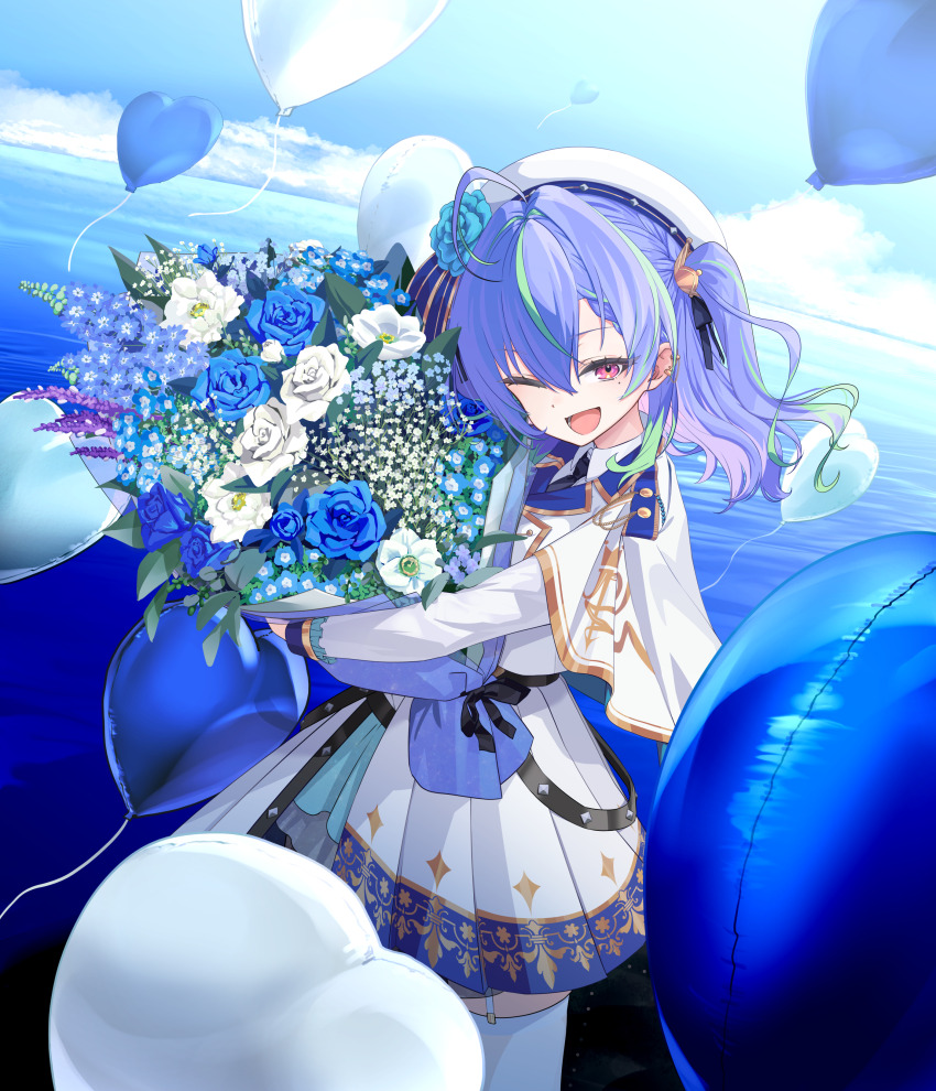 1girl :d absurdres ahoge balloon black_necktie blue_flower blue_hair blue_rose blue_sky blush bouquet cloud collared_shirt commentary_request cowboy_shot day dress flower garter_straps green_hair hat hat_flower heart_balloon highres holding holding_bouquet long_sleeves looking_at_viewer medium_hair mole mole_under_eye multicolored_hair nanashi_inc. necktie ocean one_eye_closed open_mouth ougimaneki outdoors pink_eyes rose shirt sky smile solo suzumi_nemo suzumi_nemo_(3rd_costume) thighhighs two-tone_hair two_side_up virtual_youtuber water white_dress white_flower white_hat white_rose white_shirt white_thighhighs