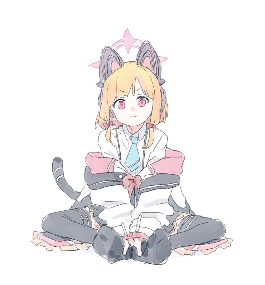 1girl absurdres animal_ear_headphones animal_ears blonde_hair blue_archive blue_necktie bow butterfly_sitting cat_tail fake_animal_ears halo headphones highres hood hoodie looking_at_viewer mmmkawaine momoi_(blue_archive) necktie pink_eyes pink_halo shirt simple_background sitting tail white_shirt