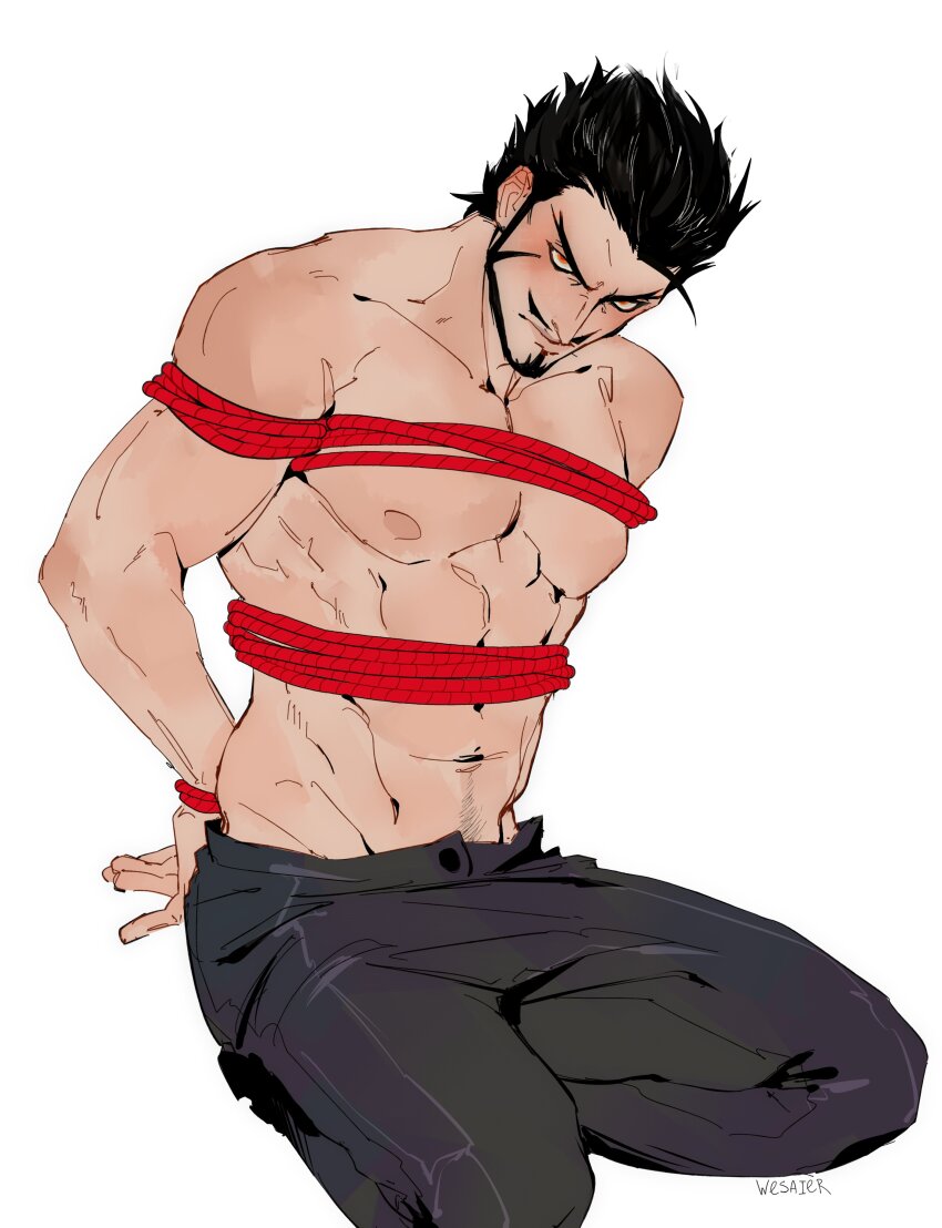 1boy abs absurdres bare_shoulders biceps black_hair black_pants bound bound_wrists commentary dracule_mihawk english_commentary facial_hair glaring goatee groin hair_slicked_back highres kneeling looking_at_viewer male_focus mustache navel nipples one_piece pants pectorals red_eyes red_rope restrained rope shibari short_hair simple_background solo topless_male v-shaped_eyebrows wesaier white_background