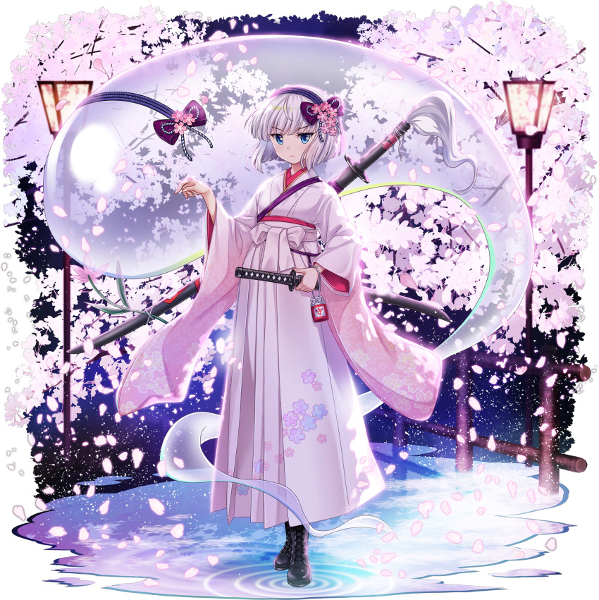 1girl alternate_costume black_boots black_hairband blue_eyes blunt_bangs boots cherry_blossoms closed_mouth falling_petals floral_print flower full_body game_cg ghost grey_hair hair_flower hair_ornament hairband hakama hakama_skirt highres japanese_clothes katana kimono konpaku_youmu konpaku_youmu_(ghost) konpaku_youmu_(white_gardener_of_the_netherworld_tower) lace-up_boots lamp lamppost looking_at_viewer multiple_swords official_art outdoors petals pink_flower pink_petals puddle ripples rotte_(1109) sheath short_hair skirt solo standing sword sword_on_back third-party_source touhou touhou_lostword transparent_background unsheathing v-shaped_eyebrows weapon weapon_on_back white_hakama white_kimono