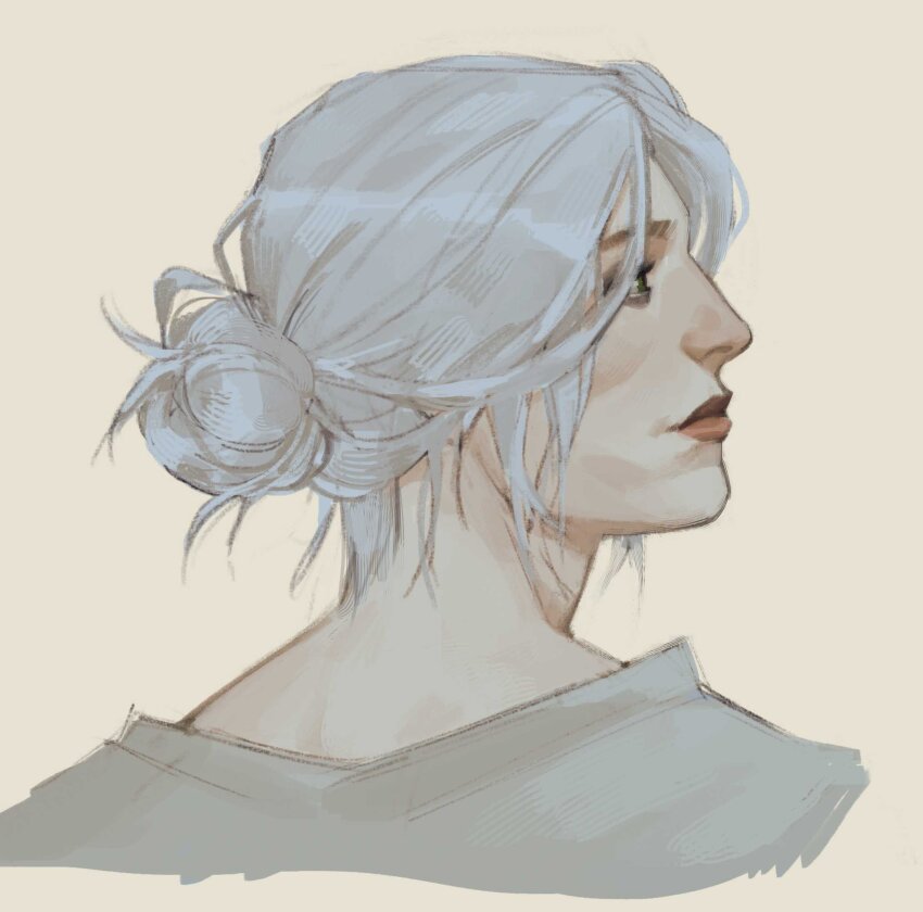 1girl ciri from_side green_eyes hair_bun highres nimvaell portrait simple_background solo the_witcher_(series) white_background white_hair