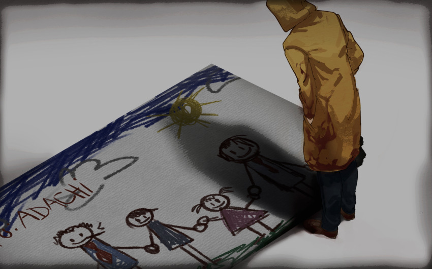 1boy adachi_tooru brown_shoes character_name child&#039;s_drawing commentary doujima_nanako doujima_ryoutarou english_commentary facing_away from_behind hands_in_pockets highres hood hood_up looking_down male_focus narukami_yu persona persona_4 raincoat shadow shoes solo vampmoby yellow_raincoat