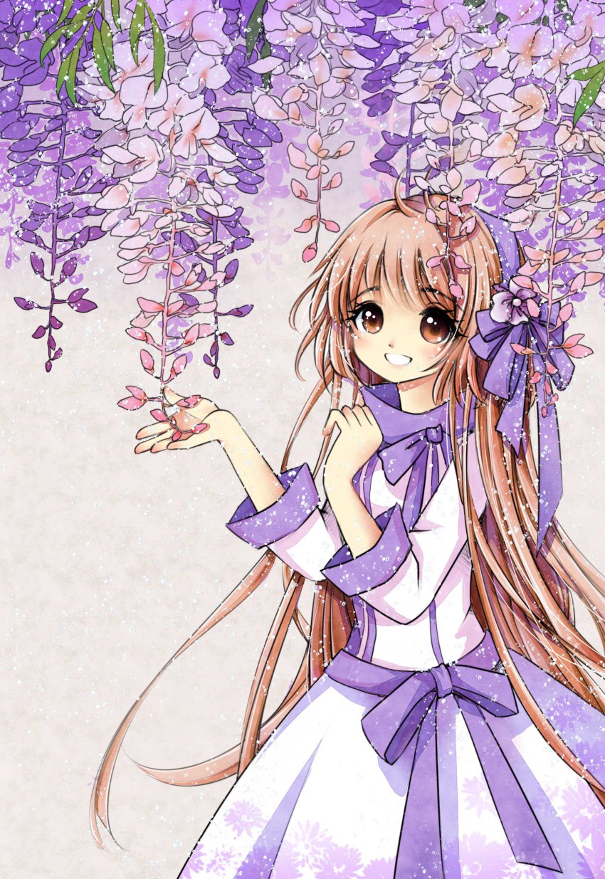 00s 1girl :d absurdres airbrush_(medium) antenna_hair blunt_bangs brown_eyes brown_hair dress flower gown hairband hanato_kobato highres hime_cut kobato. latealatea leaf long_hair long_sleeves official_style open_mouth ribbon smile traditional_media turtleneck very_long_hair white_dress wisteria
