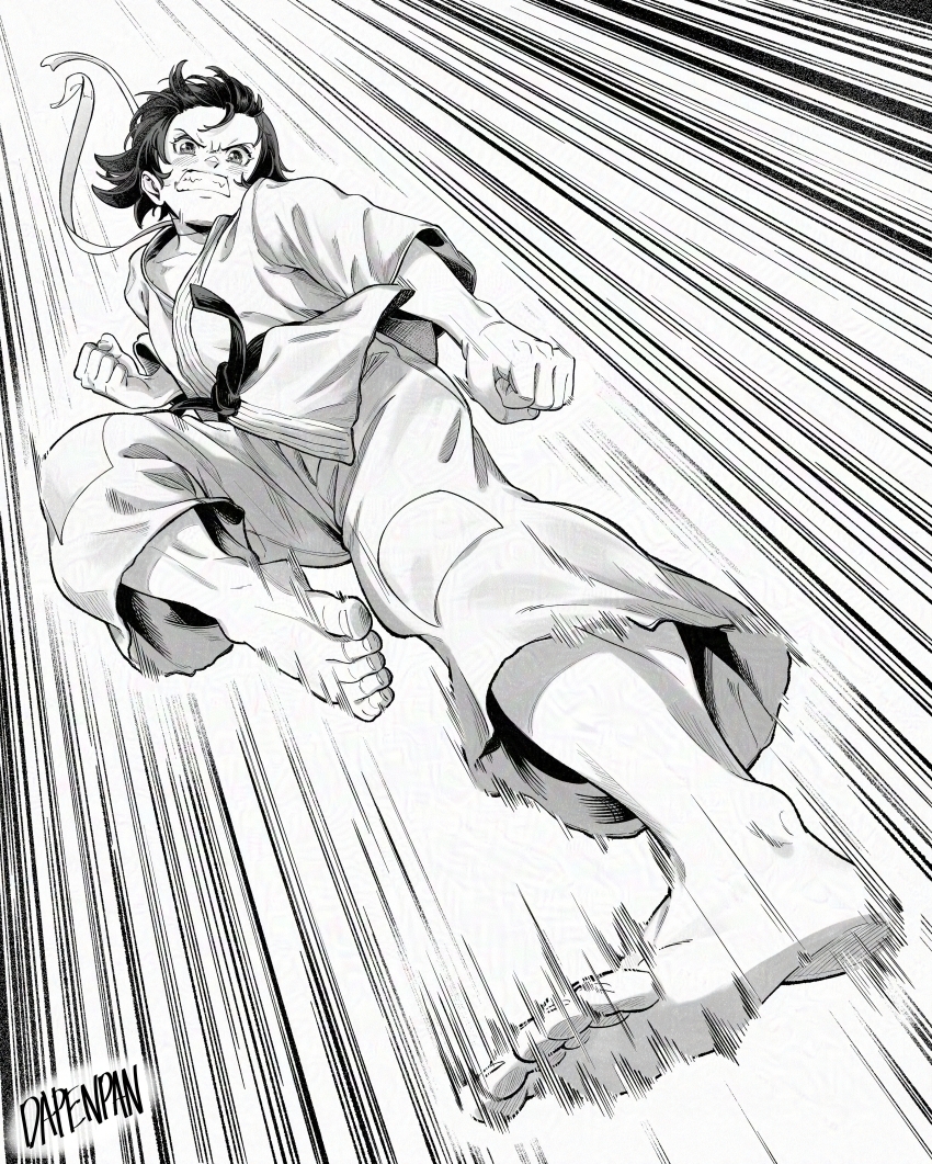 1girl absurdres artist_name barefoot black_hair choker commentary dapenpan dougi english_commentary greyscale highres karate_gi makoto_(street_fighter) monochrome motion_lines ribbon_choker short_hair solo street_fighter teeth toes
