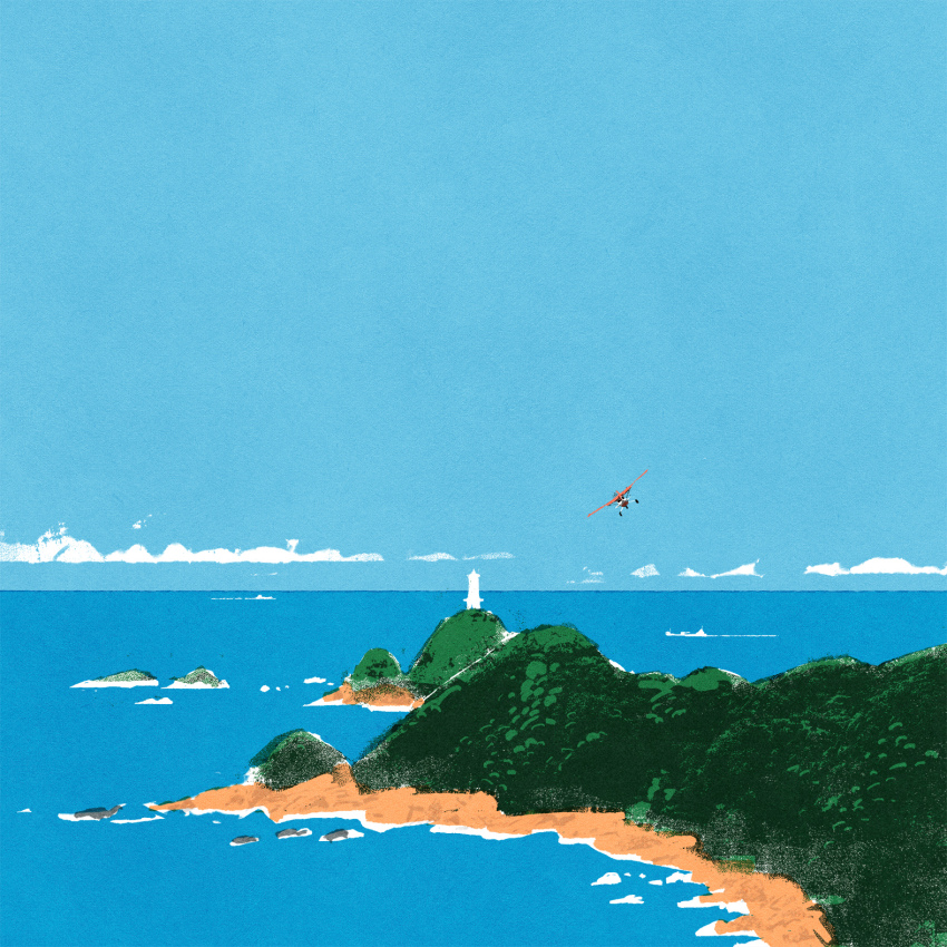 aircraft airplane beach blue_sky cloud day highres iida_kento island lighthouse no_humans ocean original outdoors scenery sky