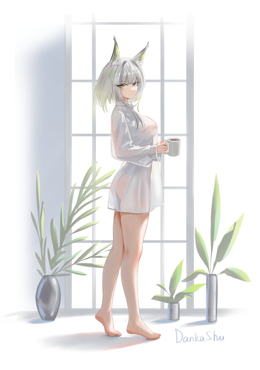 1girl absurdres alternate_costume animal_ear_fluff animal_ears arknights artist_name ass barefoot bottomless breasts cat_ears collared_shirt commentary cup dankashu english_commentary eyes_visible_through_hair feet from_side full_body green_eyes heel_up highres holding holding_cup kal&#039;tsit_(arknights) large_breasts legs long_sidelocks long_sleeves looking_at_viewer medium_hair no_bra no_panties no_tail plant see-through_clothes see-through_shirt shirt sidelocks solo tiptoes toes white_hair white_shirt