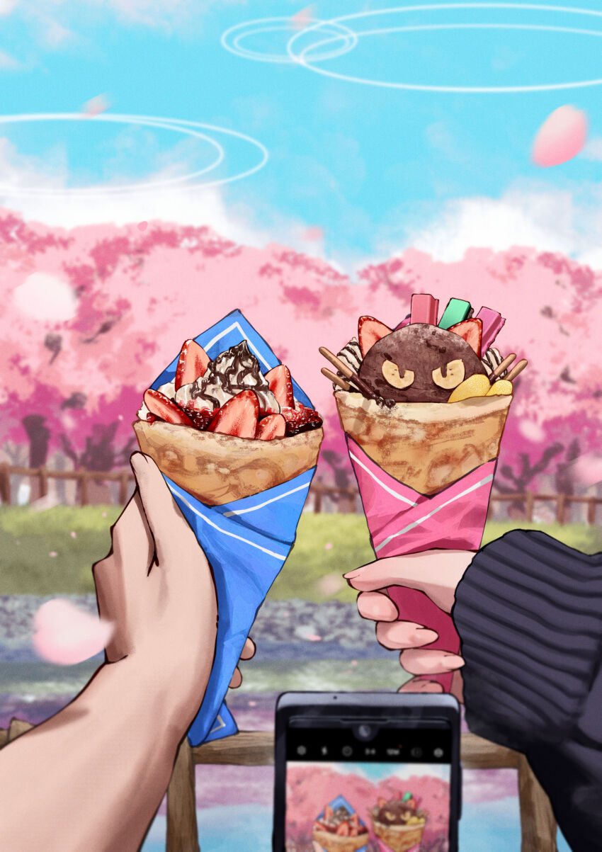 1girl 1other betabeet black_hoodie blue_archive cellphone crepe food food_focus highres holding holding_crepe holding_food holding_phone hood hoodie kazusa_(blue_archive) phone sensei_(blue_archive) smartphone taking_picture