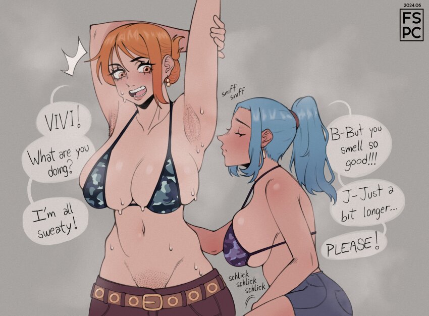 2girls absurdres armpit_stubble armpits bikini blue_hair english_text fingering fspc highres masturbation multiple_girls nami_(one_piece) nami_(one_piece)_(skypiea) nefertari_vivi one_piece orange_eyes orange_hair pubic_hair pubic_hair_peek smell smelling smelling_armpit steam sweat swimsuit yuri