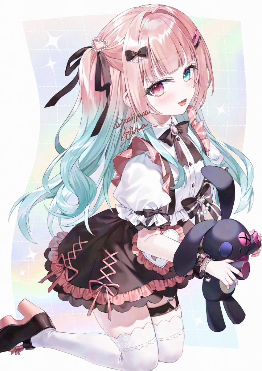 1girl aqua_hair black_bow blue_eyes bow commission dress frilled_dress frills hair_ribbon heart heart_o-ring heterochromia highres indie_virtual_youtuber itsumone_mui kneeling looking_at_viewer multicolored_hair o-ring o-ring_thigh_strap one_side_up open_mouth pink_hair red_eyes ribbon shirt signature skeb_commission solo stuffed_animal stuffed_rabbit stuffed_toy thigh_strap thighhighs two-tone_hair virtual_youtuber white_shirt white_thighhighs yana_mori