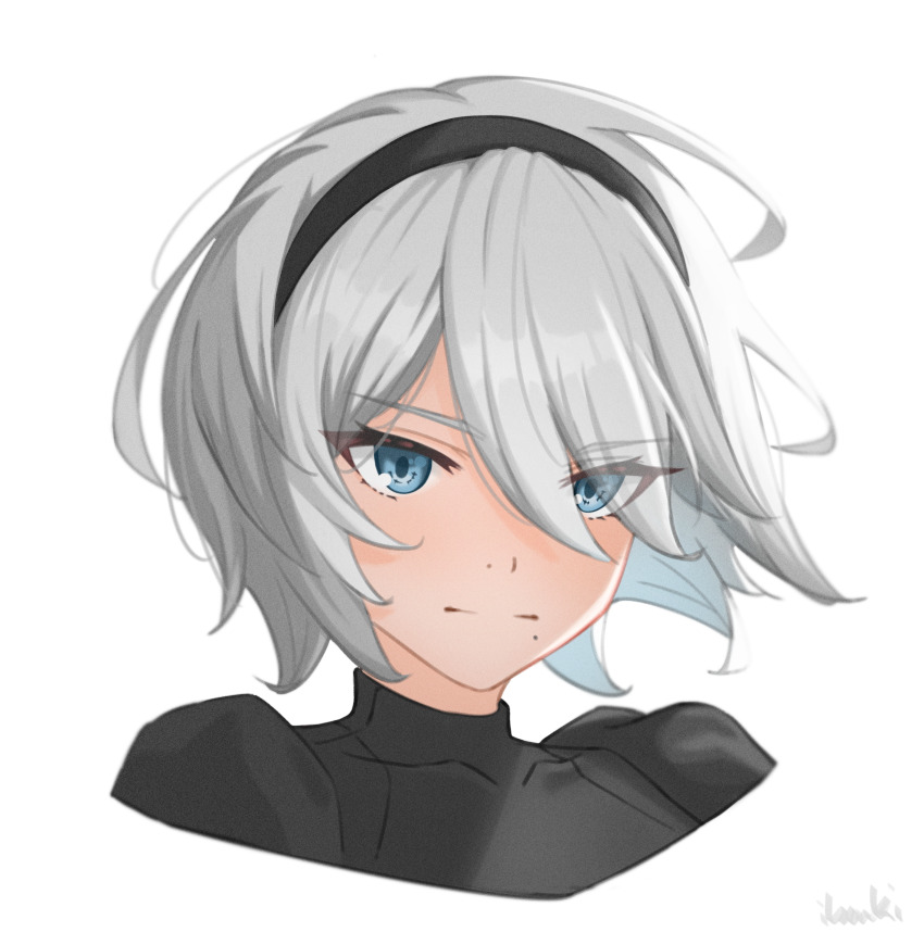 1girl 2b_(nier:automata) absurdres artist_name black_hairband blue_eyes closed_mouth commentary cropped_shoulders expressionless eyes_visible_through_hair grey_hair hairband highres ibouki looking_at_viewer mole mole_under_mouth nier:automata nier_(series) short_hair solo upper_body white_background