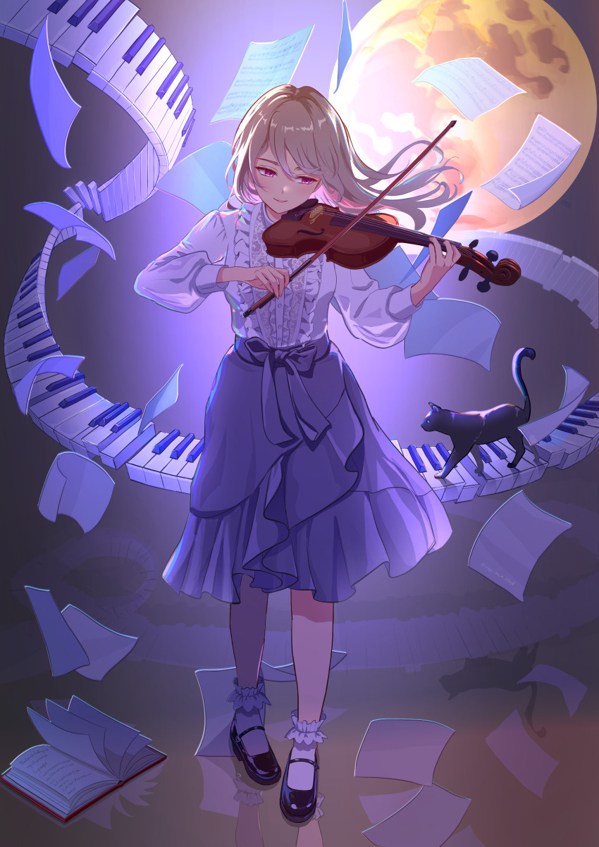 1girl absurdres black_cat black_footwear blonde_hair blouse blue_skirt book bow_(music) cat full_moon highres holding holding_bow_(music) holding_instrument holding_violin instrument moon music nap_on_a_cloud open_book original pink_eyes playing_instrument reflective_floor sheet_music shirt skirt socks solo violin white_socks