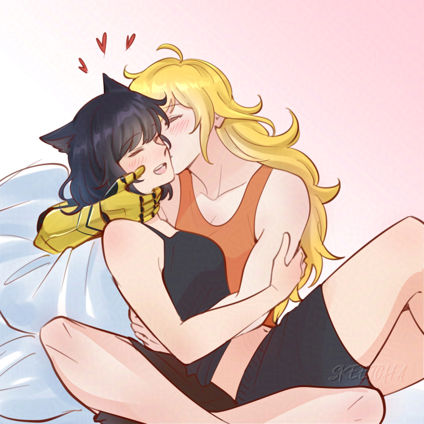2girls animal_ears bare_arms bare_legs black_camisole black_hair black_shorts blake_belladonna blonde_hair camisole cat_ears closed_eyes commentary dramore english_commentary gradient_background hand_on_another&#039;s_arm hand_on_another&#039;s_neck heart highres kiss kissing_cheek long_hair mechanical_arms multiple_girls open_mouth orange_tank_top original pink_background short_hair shorts single_mechanical_arm sitting sitting_on_lap sitting_on_person smile tank_top white_background yang_xiao_long yuri