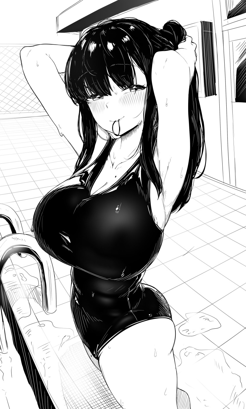1girl absurdres adjusting_hair arms_up blush breasts cleavage closed_mouth collarbone highres huge_breasts looking_at_viewer mole mole_on_collarbone monochrome one-piece_swimsuit original outdoors ponytail r-man school_swimsuit smile solo swimsuit weapon