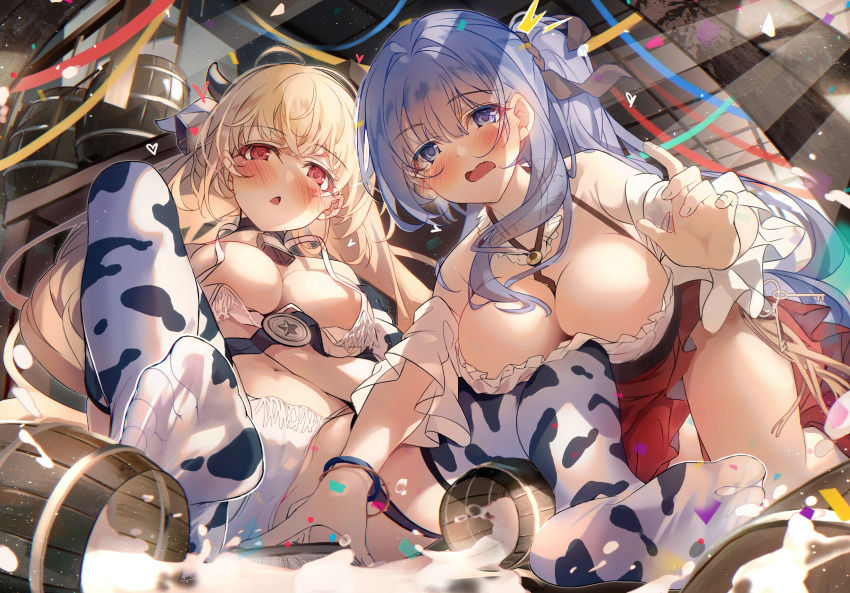 2girls animal_ears animal_print asymmetrical_skirt azur_lane barmaid barrel beer_mug bell bell_(azur_lane) bell_(saloon_mishaps)_(azur_lane) blue_hair breasts cleavage cow_ears cow_girl cow_horns cow_print cow_print_thighhighs cowbell cup embarrassed fake_horns heaven&#039;s_melody highres horns kersaint_(a_saint&#039;s_mercy_can_do_no_wrong)_(azur_lane) kersaint_(azur_lane) kneeling large_breasts looking_at_viewer mug multiple_girls no_shoes official_alternate_costume print_thighhighs saloon sitting spill spilled_milk tankard thighhighs toes waiter