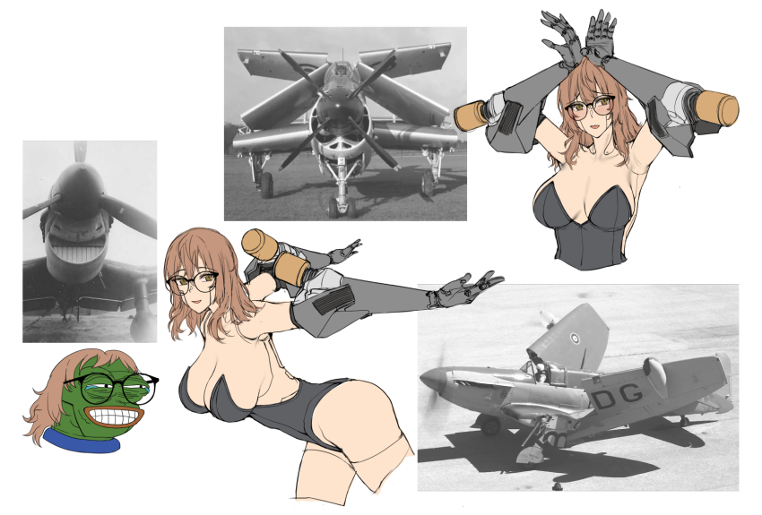 1girl aircraft airplane android black_leotard blush breasts brown_eyes brown_hair cleavage collarbone glasses grin hair_between_eyes highres kitsune_udon_(qtsuneudon) large_breasts leotard mechanical_arms mechanical_legs original pepe_the_frog photo-referenced reference_photo smile sofia_(kitsuneudon) solo thighs