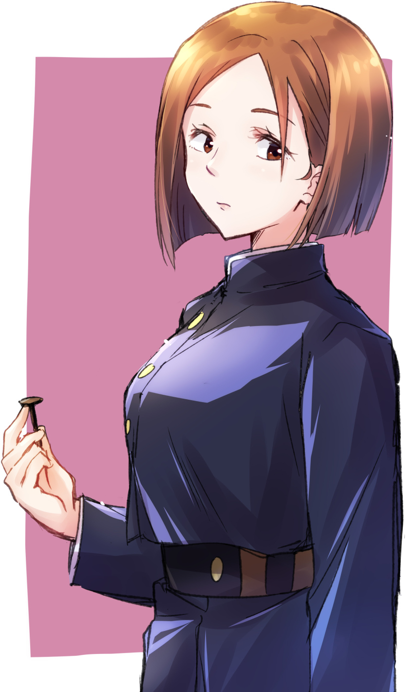 1girl absurdres black_jacket black_skirt blunt_ends border breasts brown_eyes closed_mouth commentary highres holding holding_nail jacket jujutsu_kaisen jujutsu_tech_uniform kugisaki_nobara long_sleeves looking_at_viewer medium_breasts nail nail_(hardware) nyaa_(nnekoron) orange_hair outside_border pink_background short_hair skirt solo white_border