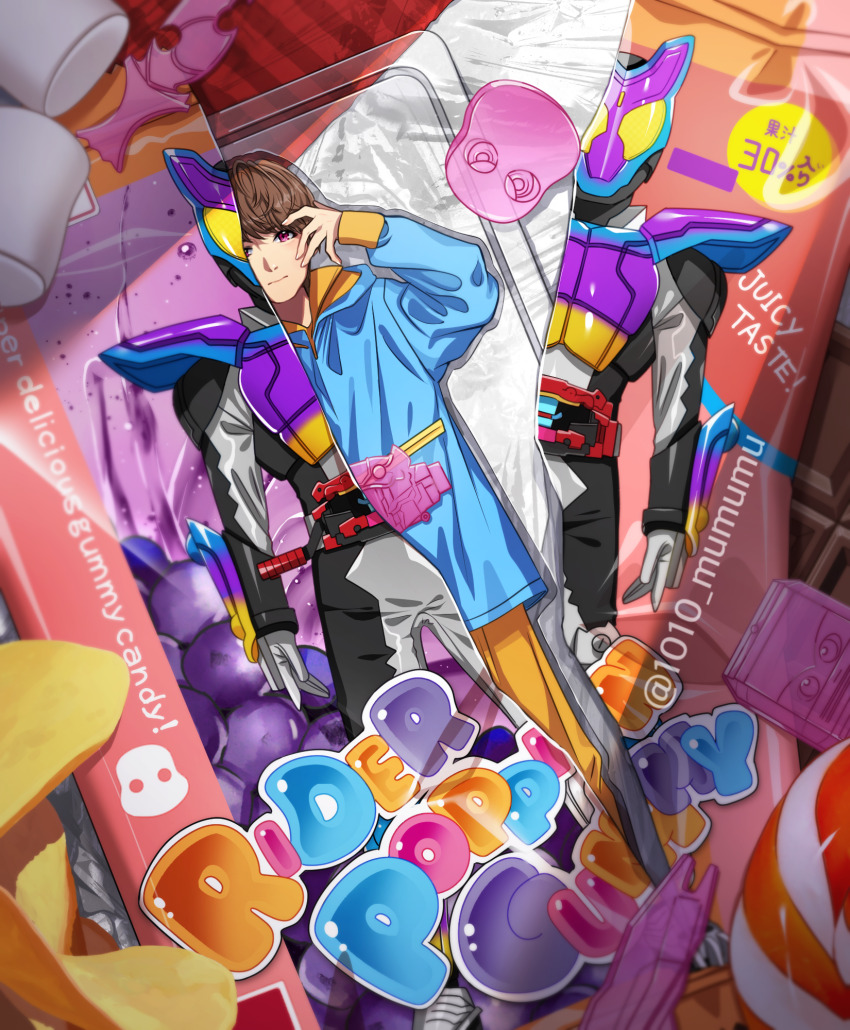 1010_mumumu armor black_bodysuit blue_armor blue_hoodie bodysuit breastplate brown_hair candy candy_wrapper chips_(food) chocolate commentary_request dual_persona english_text fake_horns food fruit full_body gochizo gradient_clothes grapes grey_bodysuit gummy_candy helmet henshin_belt_gavv henshin_pose highres hood hoodie horned_helmet horns inoue_shouma kamen_rider kamen_rider_gavv kamen_rider_gavv_(poppingummy_form) kamen_rider_gavv_(series) looking_at_viewer male_focus marshmallow multicolored_armor pants pauldrons pink_eyes popping_gummy potato_chips purple_armor rider_belt shin_guards short_hair shoulder_armor solo tokusatsu two-tone_bodysuit two-tone_hoodie yellow_armor yellow_hoodie yellow_pants