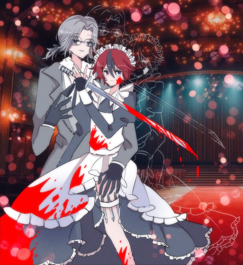 2boys aotsuki_eito black_gloves black_hair blood blood_on_clothes blood_on_face blood_on_leg blood_on_sword bloody_clothes bloody_dress bloody_sword bloody_weapon blue_eyes crossdressing dress fingerless_gloves formal_clothes glasses gloves hair_between_eyes highres holding holding_sword holding_weapon male_focus multicolored_hair multiple_boys parted_hair red_hair suit sumino_takumi sword the_hundred_line_-last_defense_academy- thigh_strap weapon white_hair