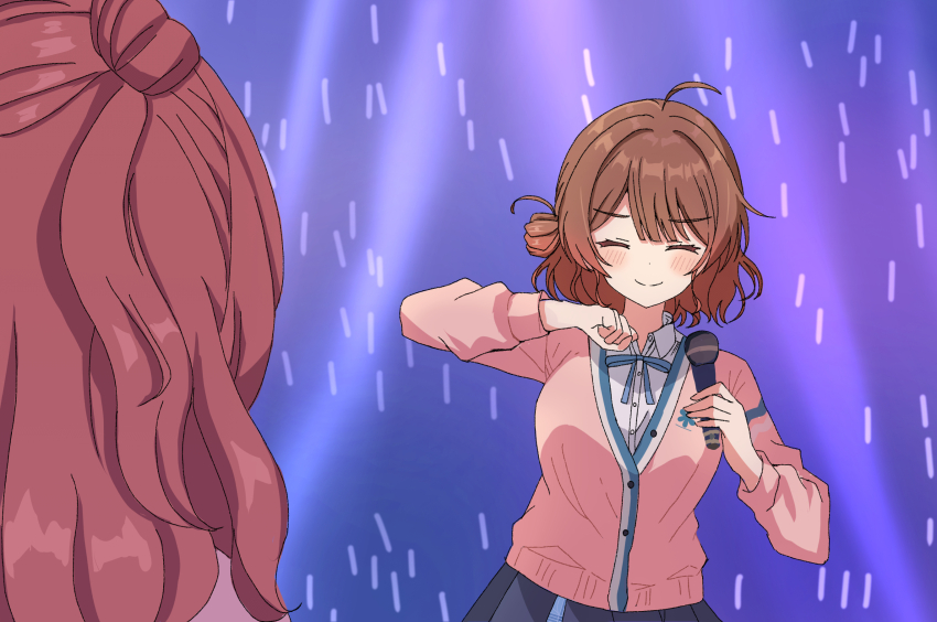 ahoge blue_ribbon blue_skirt blush brown_hair cardigan closed_eyes closed_mouth collared_shirt commentary dancing gakuen_idolmaster hanami_saki hanami_ume hatsuboshi_gakuen_school_uniform highres hiyoko_neneko holding holding_microphone idolmaster long_sleeves looking_at_another medium_hair meme microphone neck_ribbon pink_cardigan pleated_skirt purple_background ribbon scene_reference school_uniform shikairo_days_dance_(meme) shikanoko_nokonoko_koshitantan shirt siblings sisters skirt smile solo_focus split_mouth upper_body white_shirt