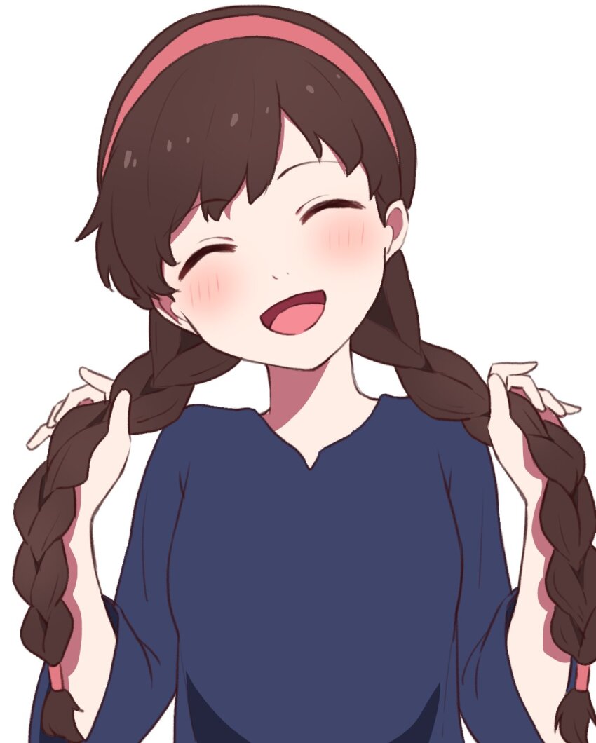 1girl :d ^_^ black_dress blush braid brown_hair closed_eyes commentary_request dress facing_viewer hairband hands_up happy head_tilt highres holding holding_own_hair long_hair long_sleeves open_mouth poteto_furai red_hairband sheeta simple_background smile solo tenkuu_no_shiro_laputa twin_braids upper_body very_long_hair w_arms white_background wide_sleeves