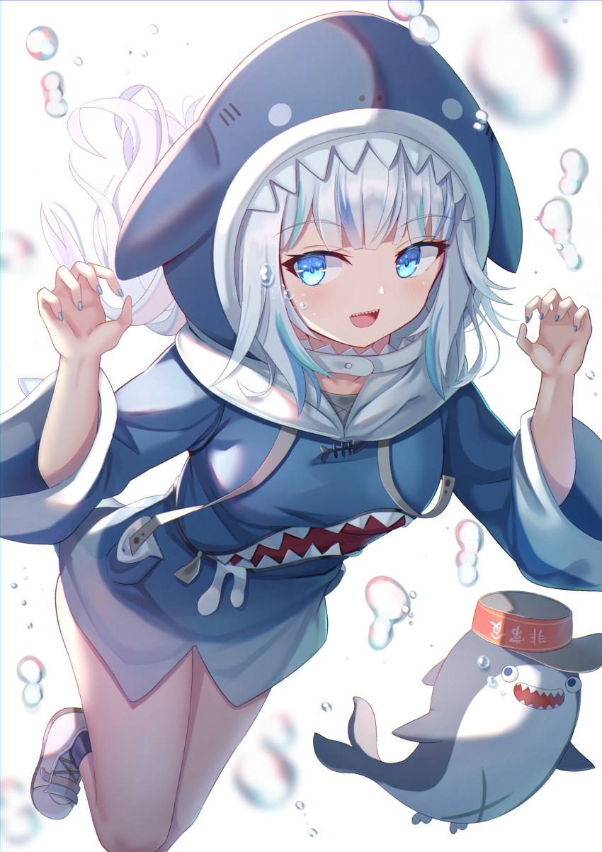 1girl :d air_bubble animal_costume animal_hood bad_id bad_pixiv_id bloop_(gawr_gura) blue_eyes blue_hair blue_hoodie blue_nails blunt_bangs bubble claw_pose facing_viewer feet_out_of_frame gawr_gura gawr_gura_(1st_costume) highres hololive hololive_english hood hoodie long_sleeves medium_hair mirufuaa multicolored_hair nail_polish open_mouth shark_costume shark_girl shark_hood sharp_teeth shoes sideways_glance silver_hair smile sneakers solo streaked_hair teeth underwater upper_teeth_only virtual_youtuber white_shoes wide_sleeves