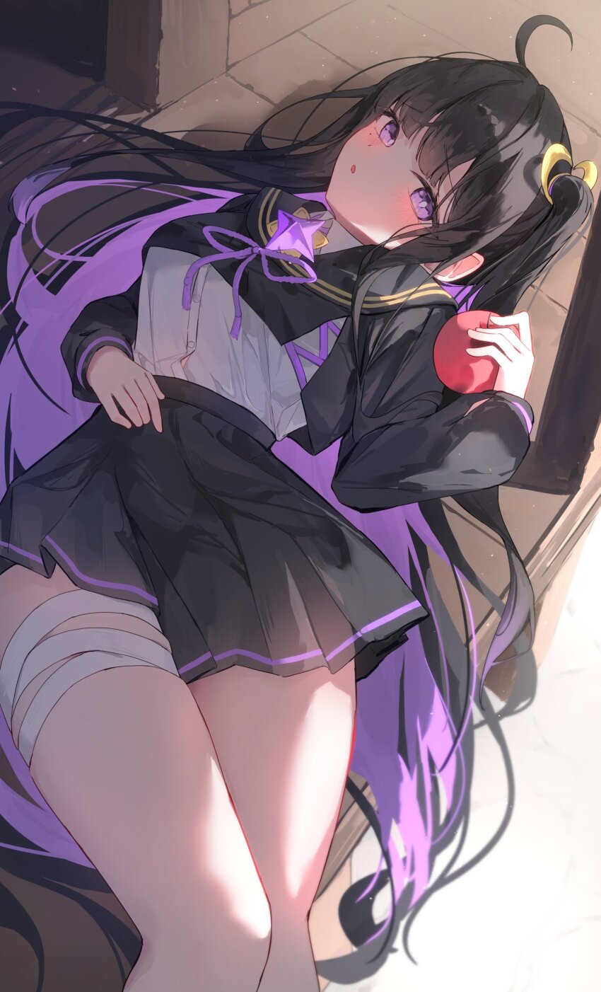 1girl absurdres ahoge apple black_sailor_collar black_shirt black_skirt blush chisei259 chitose_(stella_sora) food fruit highres layered_shirt long_hair lying on_back open_mouth pleated_skirt purple_eyes purple_hair sailor_collar shirt side_ponytail skirt solo stella_sora thighs very_long_hair white_shirt