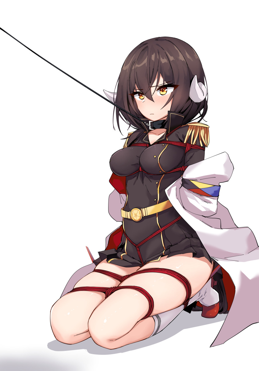 1girl absurdres azur_lane bare_legs bdsm bondage bound breasts brown_hair buttons double-breasted epaulettes full_body hair_between_eyes highres kinbakuman leash medium_breasts medium_hair mikasa_(azur_lane) military military_uniform miniskirt restrained seiza shibari sitting skirt socks solo white_socks yellow_eyes