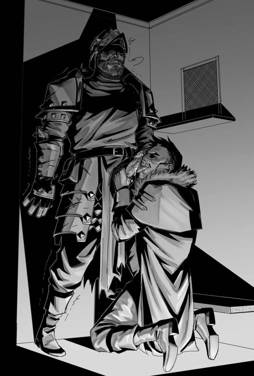 2boys bara blush couple crusader_(darkest_dungeon) darkest_dungeon erection facial_hair fellatio full_body greyscale highres highwayman_(darkest_dungeon) kneeling knight licking licking_penis lizzyoli-ravioli male_focus mature_male monochrome multiple_boys oral penis precum seductive_smile shaded_face short_hair smile thick_eyebrows trembling uncensored yaoi