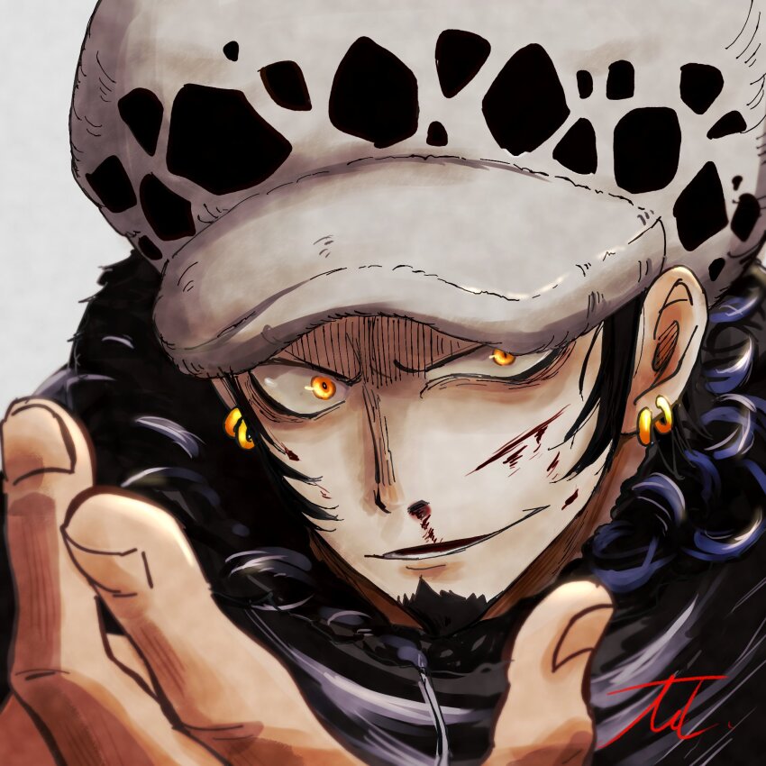 1boy bags_under_eyes black_hair black_jacket blood blood_on_face earrings facial_hair fingernails fur-trimmed_jacket fur_trim goatee gold_earrings grey_background highres jacket jewelry long_sideburns lower_teeth_only male_focus mmmpsychedelic138 multiple_earrings nosebleed one_piece open_mouth orange_eyes panther_print sideburns solo teeth trafalgar_law white_headwear
