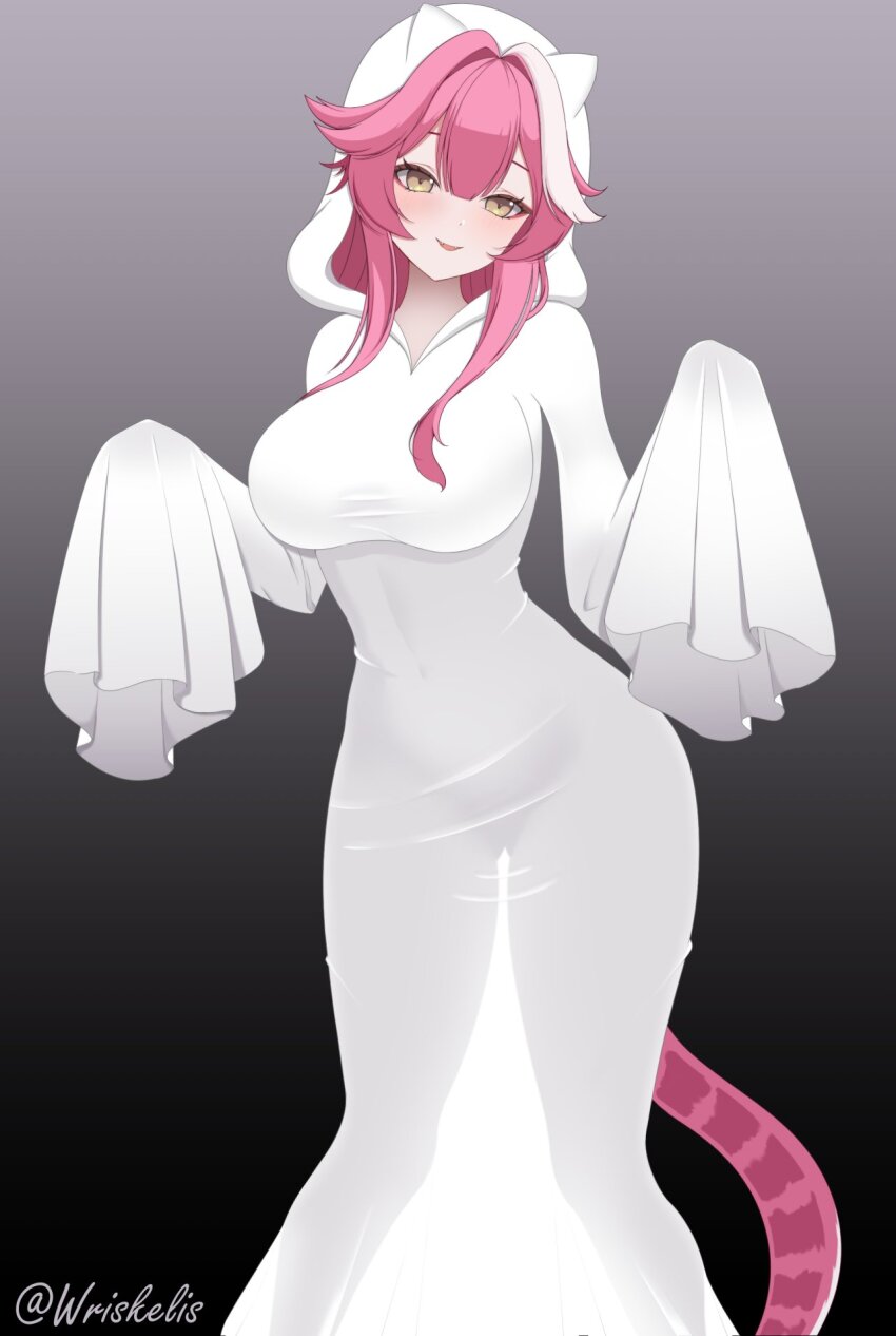 1girl black_background blush breasts commentary covered_navel english_commentary fangs ghost_costume gluteal_fold gradient_background highres hololive hololive_english hood hoodie large_breasts long_hair long_sleeves multicolored_hair open_mouth panther_girl panther_tail pink_hair pink_tail raora_panthera see-through_silhouette sleeves_past_fingers sleeves_past_wrists smile solo streaked_hair tail thighs twitter_username two-tone_hair virtual_youtuber white_hoodie wriskelis yellow_eyes
