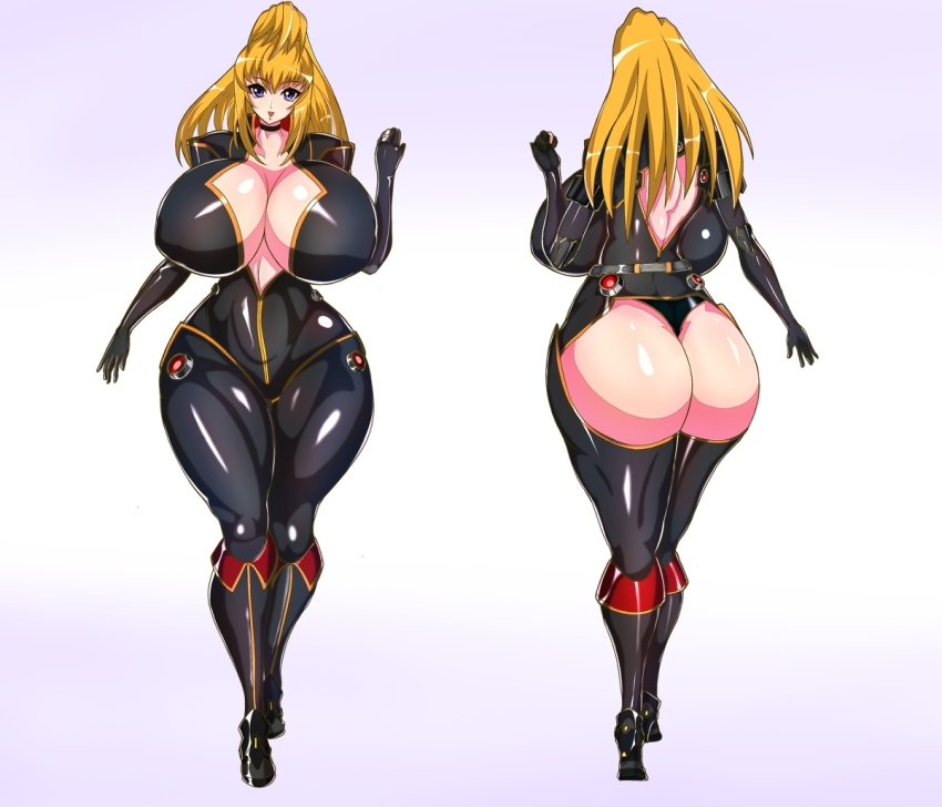 1girl ass ass_cutout assless_bodysuit blonde_hair blue_eyes bodysuit breasts chaps choujuushin_gravion choujuushin_gravion_zwei cleavage clothing_cutout gigantic_breasts huge_ass long_hair revealing_clothes solo tachibana_mizuki