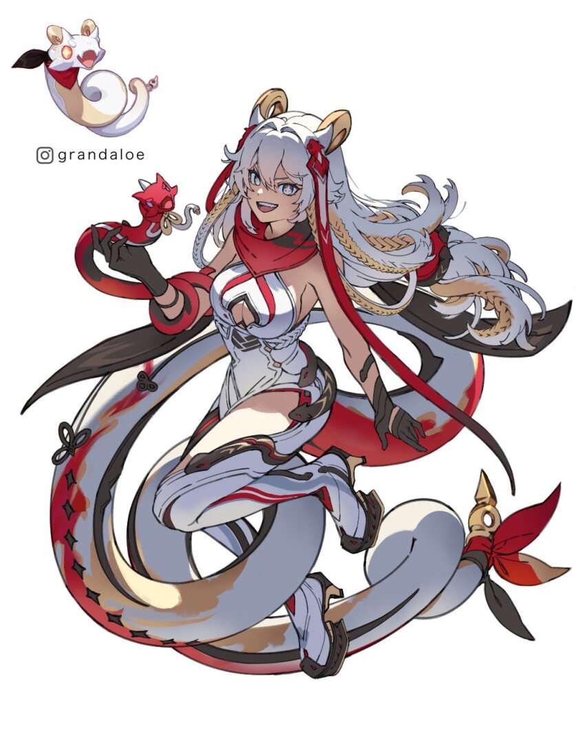 1girl artist_name black_gloves blue_eyes braid breasts cleavage cleavage_cutout clothing_cutout commentary dress english_commentary full_body gloves grandaloe high_heels highres honkai_(series) honkai_impact_3rd large_breasts long_hair looking_at_viewer multicolored_hair multicolored_scarf open_mouth personification reference_inset rice_cake_(honkai_impact_3rd) scarf sleeveless sleeveless_dress smile snake solo thighhighs white_background white_dress white_hair