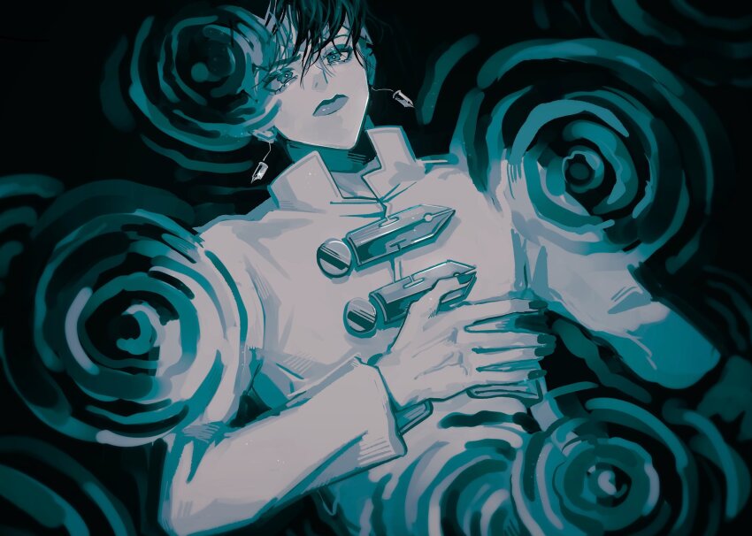 1boy blue_theme commentary_request diamond_wa_kudakenai earrings greyscale headband highres jewelry jojo_no_kimyou_na_bouken kishibe_rohan lips male_focus monochrome natchan_blue_(nanairopenki) reflection reflective_water ripples solo upper_body