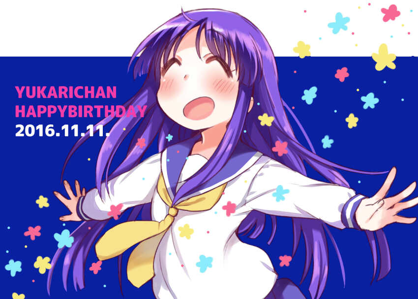 1girl 2016 blue_sailor_collar blush character_name closed_eyes commentary_request dated english_text flower_symbol happy_birthday highres hinata_yukari long_hair long_sleeves neckerchief open_mouth outstretched_arms purple_hair sailor_collar school_uniform serafuku shirt smile solo spread_arms tatsunokosso upper_body white_shirt winter_uniform yellow_neckerchief yuyushiki yuyushiki&#039;s_school_uniform