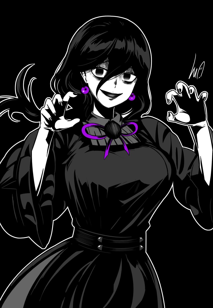 1girl absurdres alternate_breast_size_(larger) breasts claw_pose commentary dress earrings empty_eyes english_commentary greyscale hair_between_eyes hex_maniac_(pokemon) hex_maniac_(pokemon_legends:_z-a) highres jewelry large_breasts long_hair lughost monochrome nintendo open_mouth pokemon pokemon_legends:_z-a smile solo spot_color upper_body wide_sleeves