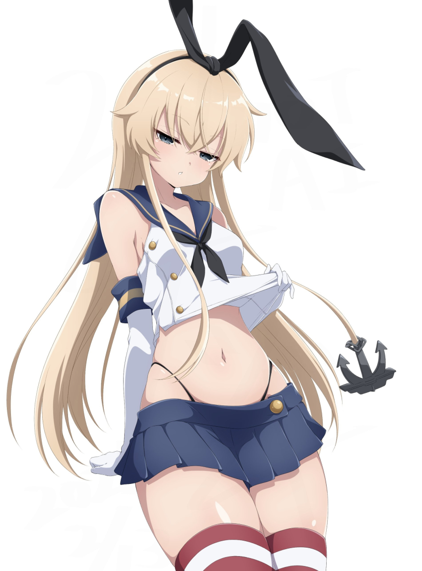 1girl absurdres anchor_hair_ornament blonde_hair blue_skirt commentary_request elbow_gloves gloves hair_ornament highres kantai_collection long_hair navel nishizuki_shino shimakaze_(kancolle) simple_background skirt solo striped_clothes striped_thighhighs thighhighs thighs white_background white_gloves