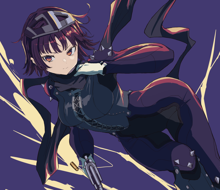 1girl blue_bodysuit blunt_bangs bodysuit breasts brown_hair center_cross_lace closed_mouth commentary_request feet_out_of_frame floating_scarf gloves highres holding holding_weapon knee_spikes long_sleeves looking_at_viewer medium_breasts niijima_makoto persona persona_5 queen_(persona_5) red_eyes s-m-53413 scarf short_hair shoulder_spikes solo spikes weapon white_gloves wide_hips