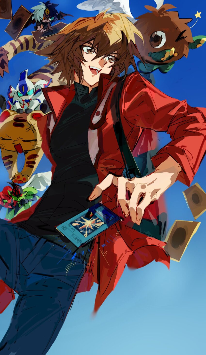 1girl 3boys black_shirt blue_pants body_fur brown_eyes brown_fur brown_hair cat commentary cowboy_shot denim duel_monster elemental_hero_flame_wingman elemental_hero_neos highres jacket male_focus medium_hair mini_person multiple_boys nini9275 one_eye_closed open_clothes open_jacket pants pharaoh_(cat) red_jacket shirt solo_focus trading_card winged_kuriboh yu-gi-oh! yu-gi-oh!_gx yubel yuki_judai